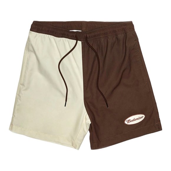 Budweiser Anheuser 15" Boardshorts Swim Trunks Shorts Brown and Beige Men Medium - Picture 1 of 2